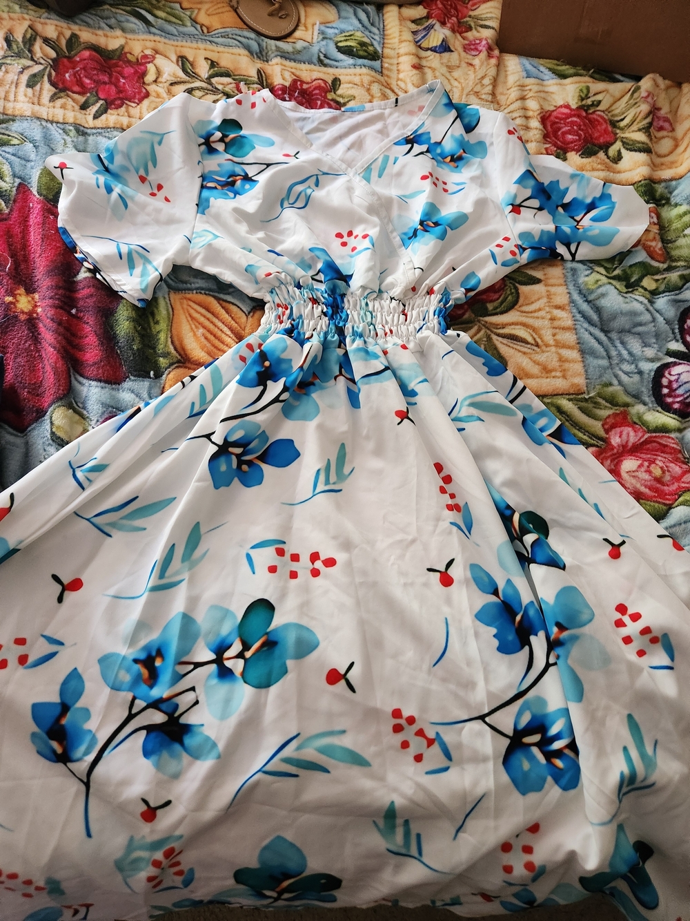 Scrub Dress White with Blue Floral Print